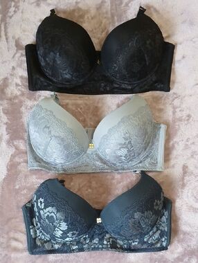 Nicole Miller Lace Push-Up Bra Trio Set In Black, Navy, & Gray 36B